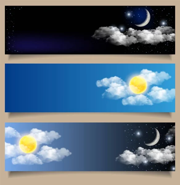 Conjunto vetorial de banners horizontais diurnos e noturnos — Vetor de Stock