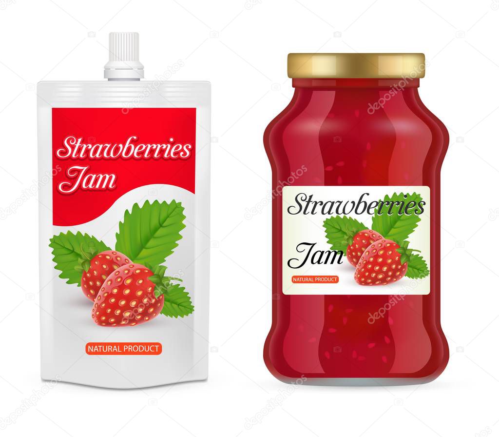 Strawberry jam packaging vector realistic mockups