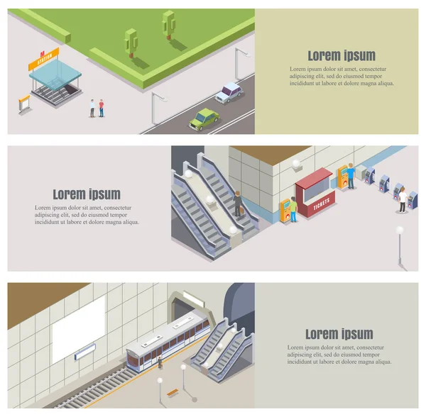 Ensemble de bannières souterraines isométriques vectorielles du métro — Image vectorielle