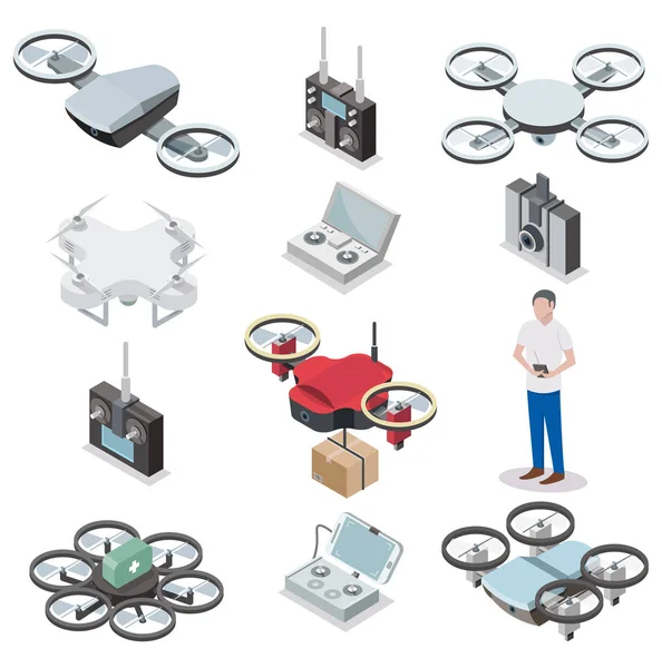 Conjunto de ícones isométricos vetoriais quadricópteros drones —  Vetores de Stock