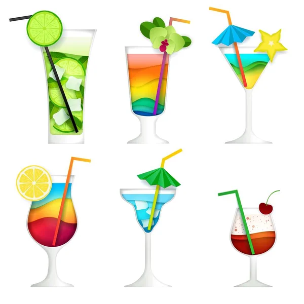 Vector papier gesneden cocktail zomer drankje pictogrammenset — Stockvector