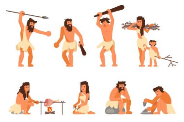 İlkel Taş Devri insanları düz Icon set vektör