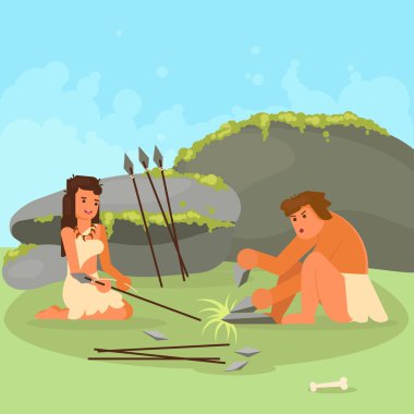 Stone age couple making spears vector illustration clipart