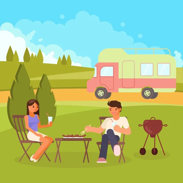 Familie BBQ-vlakke stijl ontwerp vectorillustratie — Stockvector