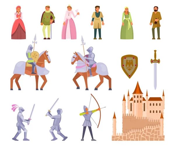 Zestaw ikon średniowieczny rycerz, płaskie ilustracja wektorowa — Wektor stockowy
