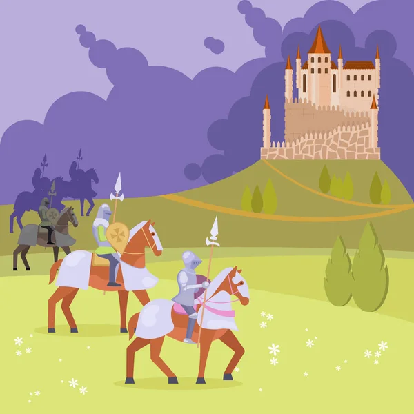 Middeleeuwse ridders en kasteel vectorillustratie — Stockvector