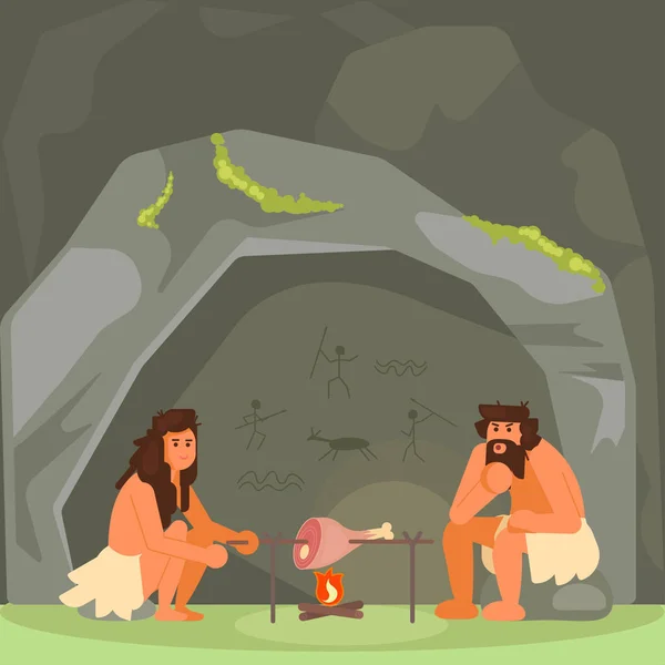 Edad de piedra pareja cocinar carne vector ilustración — Archivo Imágenes Vectoriales