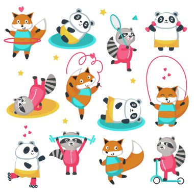 Fitness rakun panda fox vektör Icon set