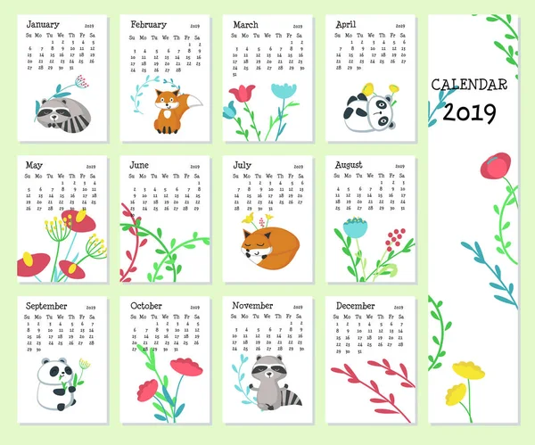 Календарь 2019 векторный шаблон с милыми животными — стоковый вектор