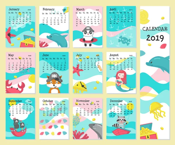 Calendario 2019 plantilla vectorial con animales piratas — Vector de stock