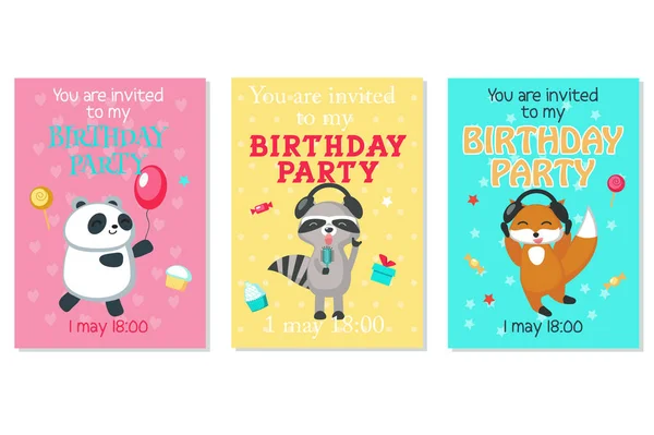 Sevimli hayvanlar ile vektör Doğum günü davetiye kartları — Stok Vektör