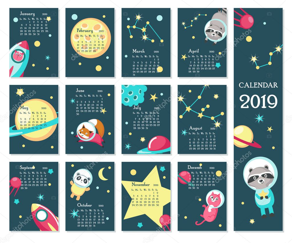 Calendar 2019 vector template with space animals
