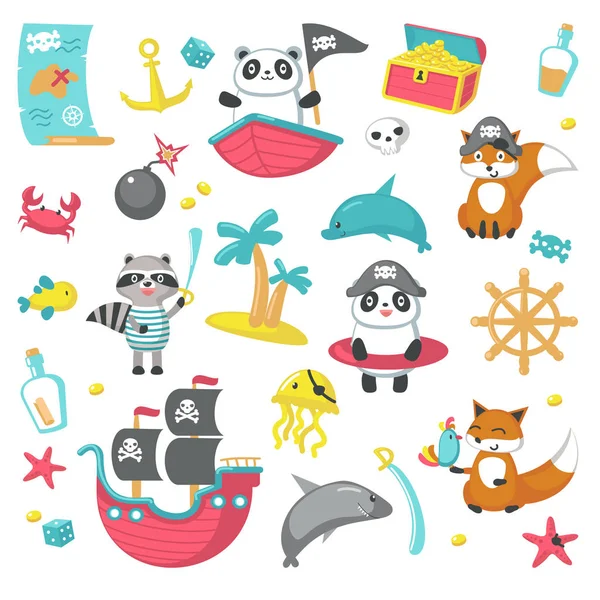 Vector set of cute pirate animals and marine items — Stock Vector