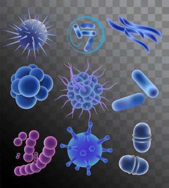 Mavi virüs, bakteri ve mikroplar. Vektör gerçekçi illüstrasyon izole şeffaf arka plan üzerinde.