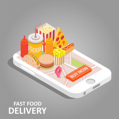 Fast food online vektör izometrik çizim