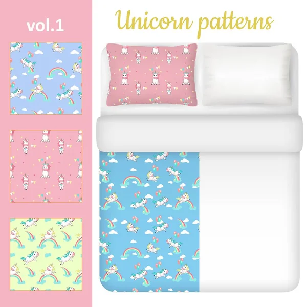 Set biancheria da letto vettoriale bianco bianco e unicorno — Vettoriale Stock