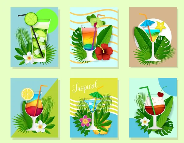 Vector paper cut cocktail summer drink card set — Stock Vector