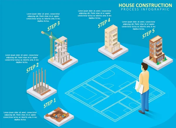 Dům stavba vektor izometrické infografika — Stockový vektor