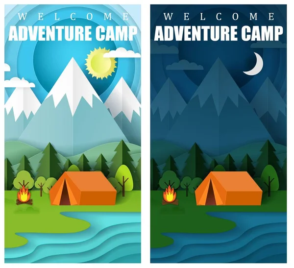 Verano camping vector papel corte banner conjunto — Vector de stock