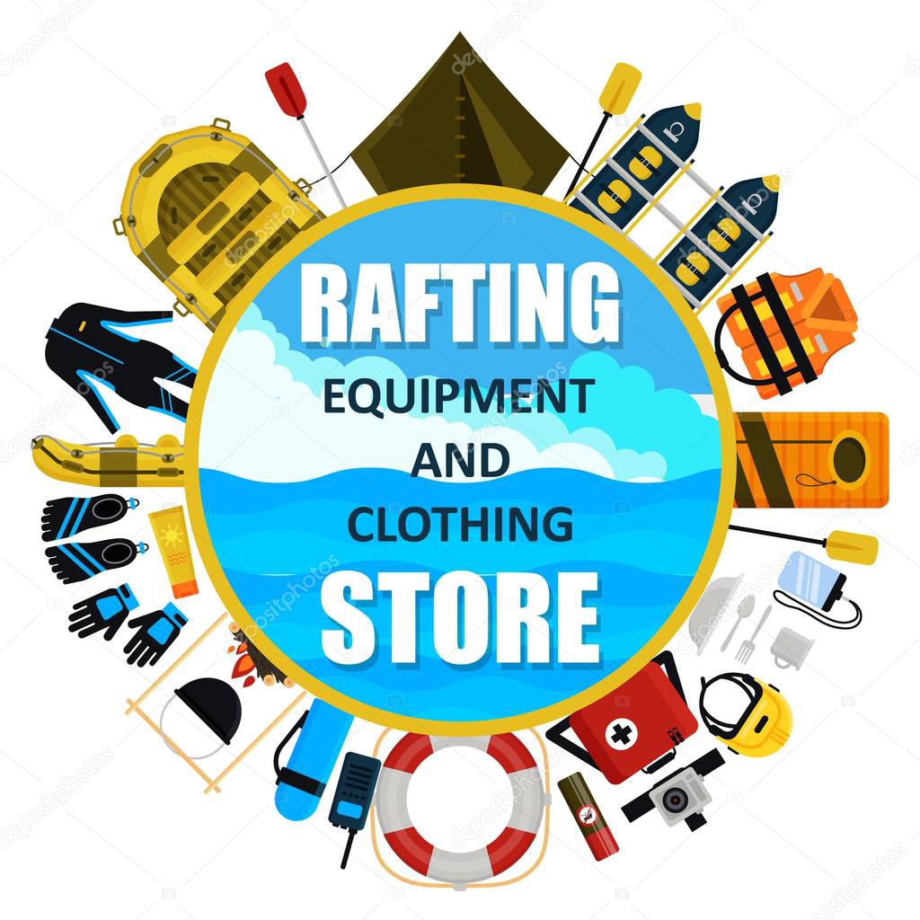 Vector rafting equipment and clothing store emblem