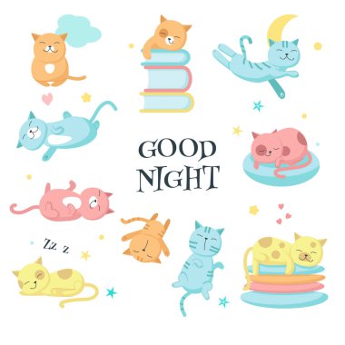 Şirin evde beslenen hayvan cats vektör Icon set uyku