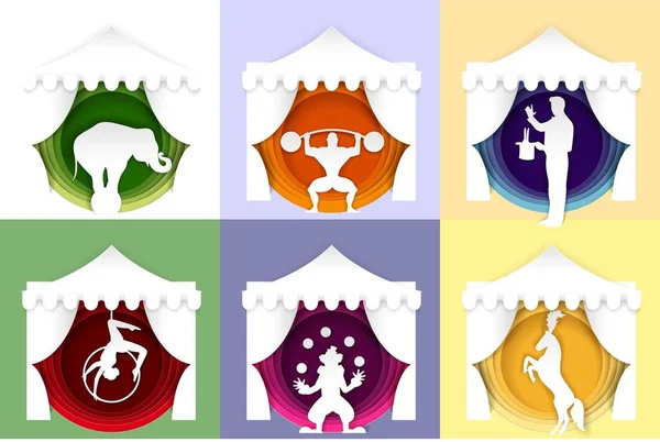 Vektor Papier geschnitten Zirkusposter, Logo, Kartenset — Stockvektor