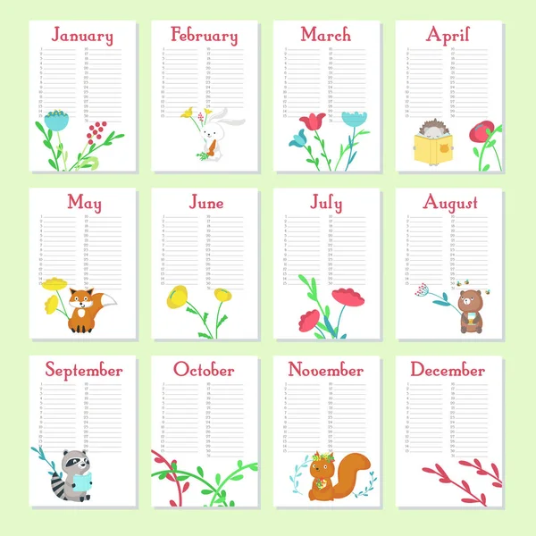 Planificador calendario vector plantilla con animales lindos — Vector de stock