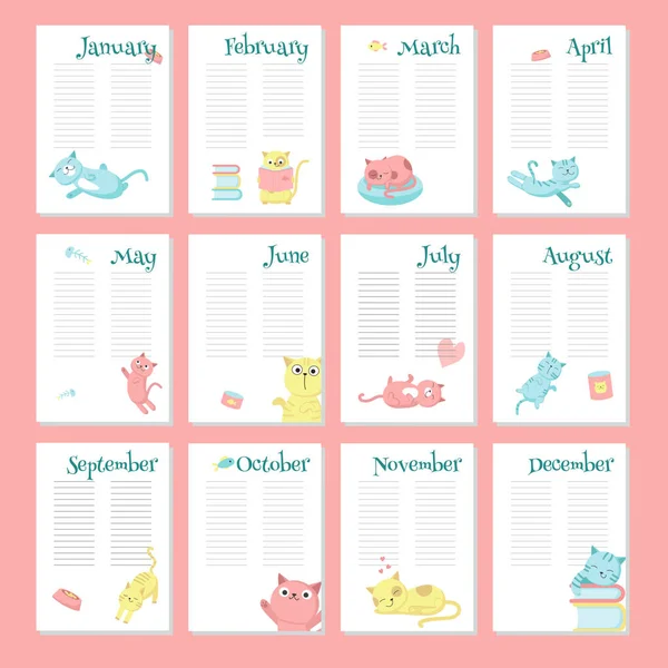 Planner-kalendersjabloon vector met schattige katten — Stockvector