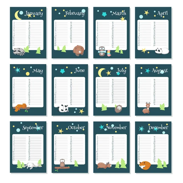 Plantilla de vector de calendario de planificador con animales dormidos — Vector de stock