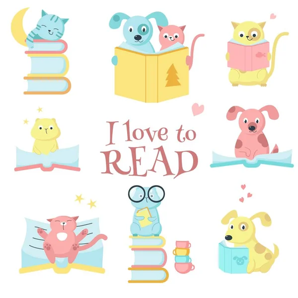 책을 읽고 귀여운 애완 동물 동물 벡터 아이콘 세트 — 스톡 벡터