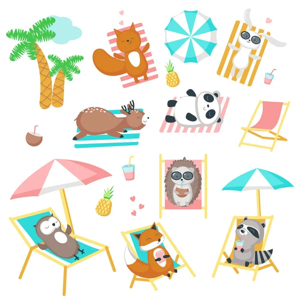 Aranyos állatok vesz többi strand vector icon set — Stock Vector