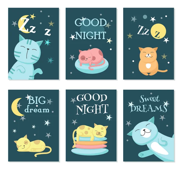 Cute sleeping pet cats vector card set — Stock Vector