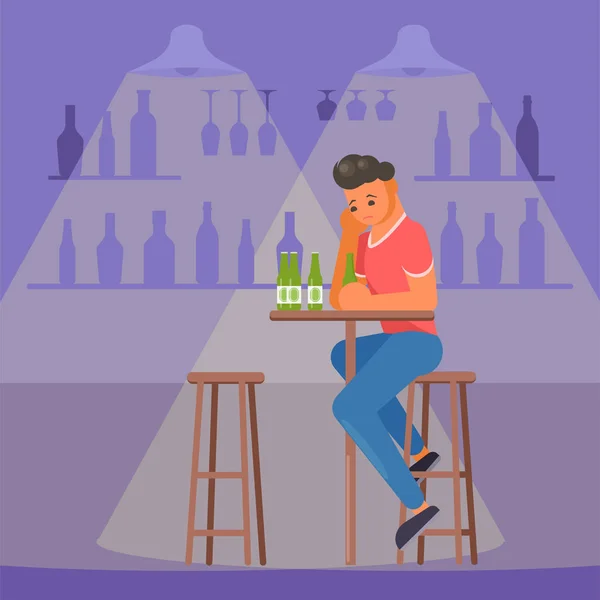 Depressieve man met bier vector vlakke stijl ontwerp — Stockvector