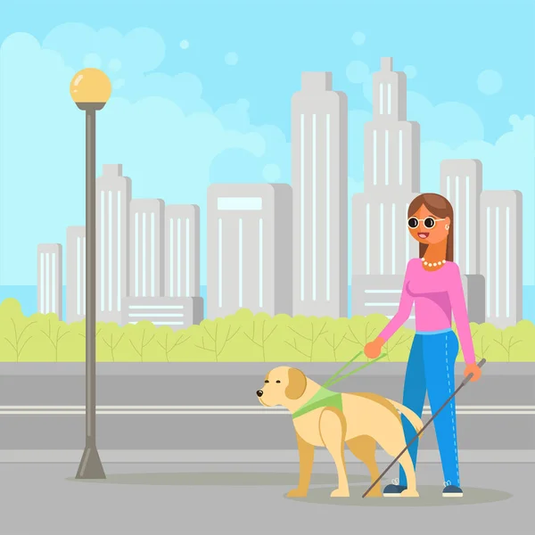 Ilustração vetorial de mulher cega com cão guia —  Vetores de Stock