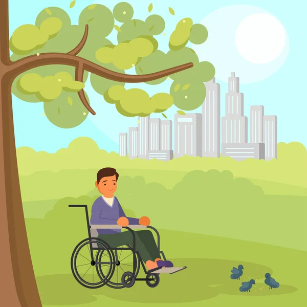Engelli adam tekerlekli sandalyede vektör çizim — Stok Vektör