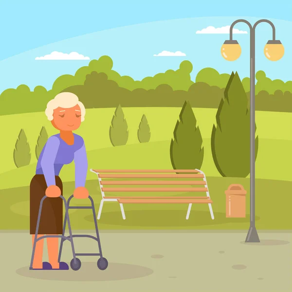 Vector discapacitado mujer mayor con marco para caminar — Vector de stock
