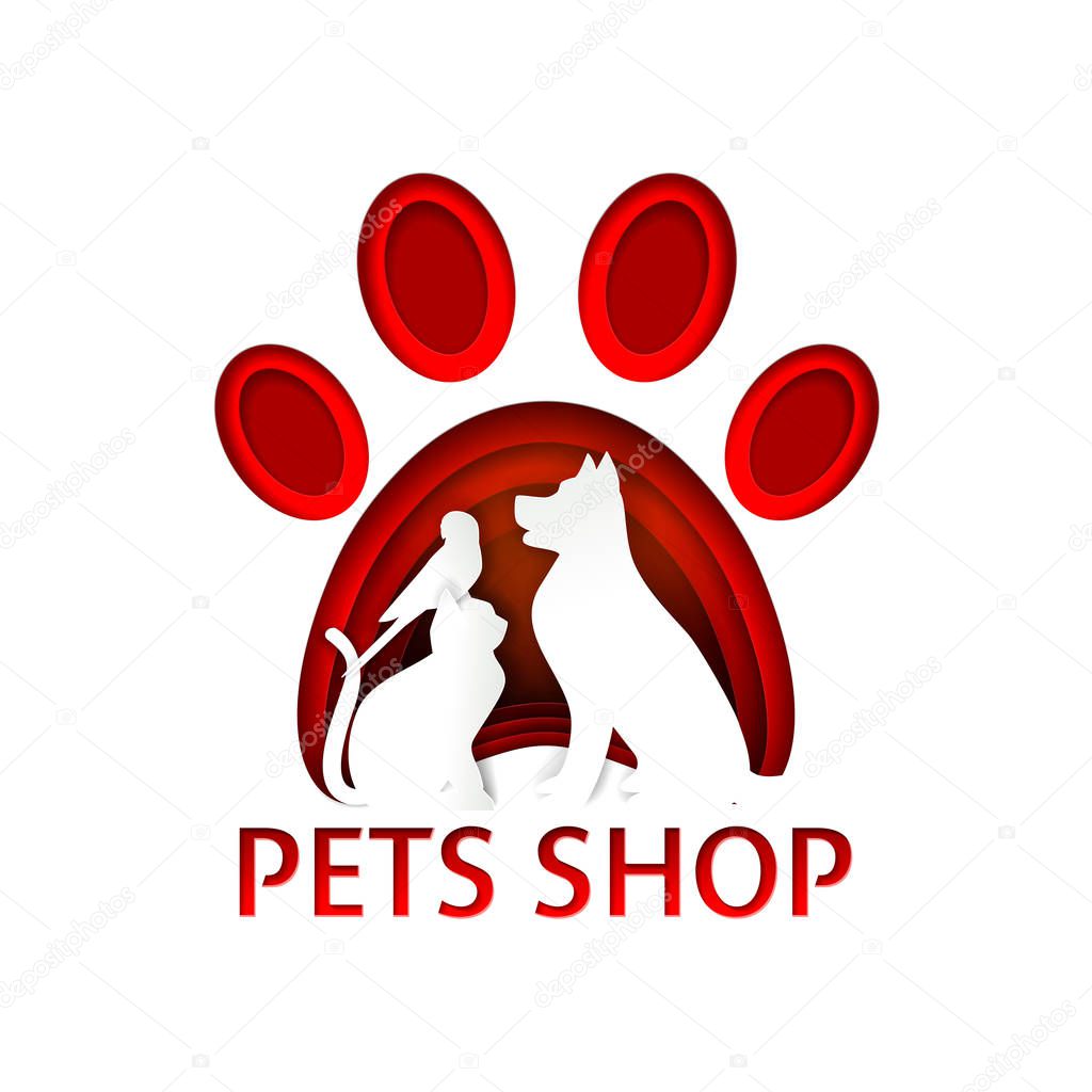 Pets shop logo design template. Vector paper art illustration of red paw print and dog, cat and parrot silhouettes in it.