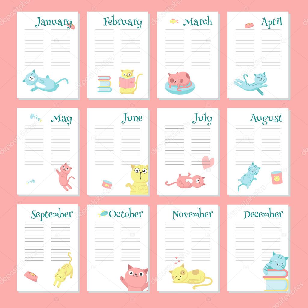 Planner calendar vector template with cute cats