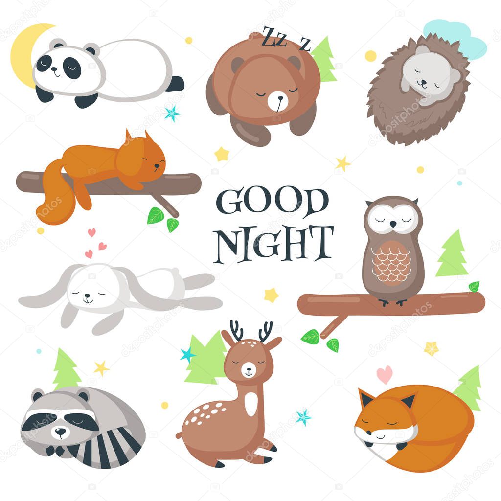 Cute sleeping wild animals vector icon set