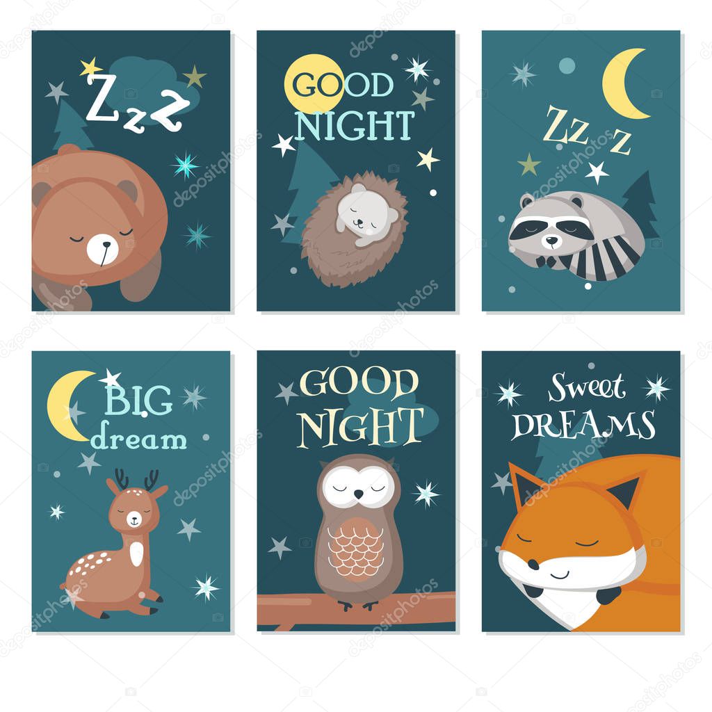 Cute sleeping wild animals vector card set