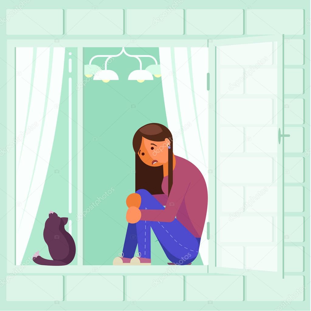 Depressed girl on window sill vector flat design