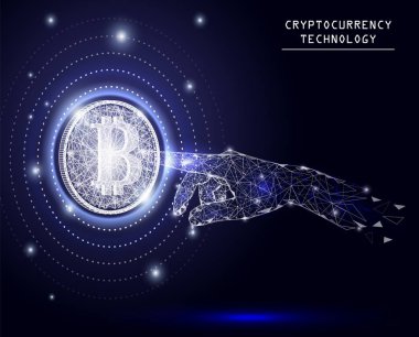 Bitcoin el dokunmatik vektör geometrik poligonal arka plan