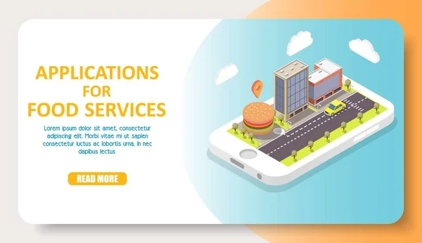 フード サービスのためのアプリケーションのベクトル アイソメ図 — ストックベクタ