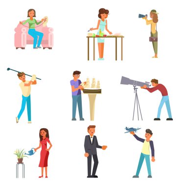 İnsanlar ve kendi hobilerini düz illüstrasyon vektör