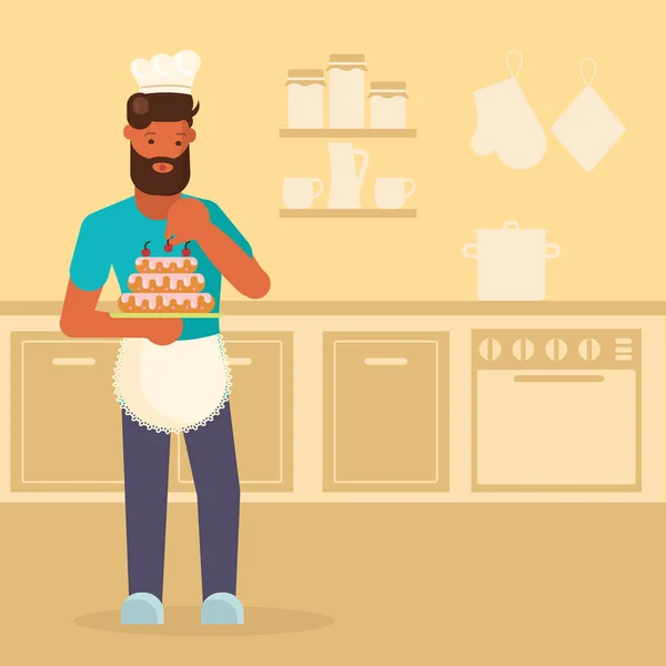 Hombre haciendo pastel vector ilustración en estilo plano — Vector de stock