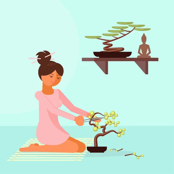 Dziewczyna przycinanie bonsai drzewo ilustracja wektorowa w płaski — Wektor stockowy