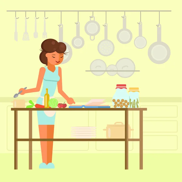 Donna che cucina in cucina vettore piatto illustrazione — Vettoriale Stock