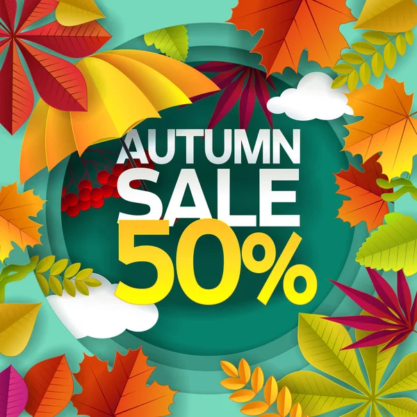 Autumn sale vector paper cut poster banner template — Stock Vector