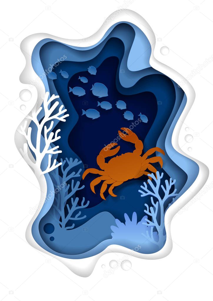 Underwater sea landscape vector paper cut illustration