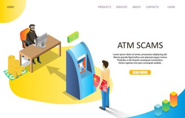 Açılış sayfası Web sitesi vektör şablonu ATM dolandırıcılığı